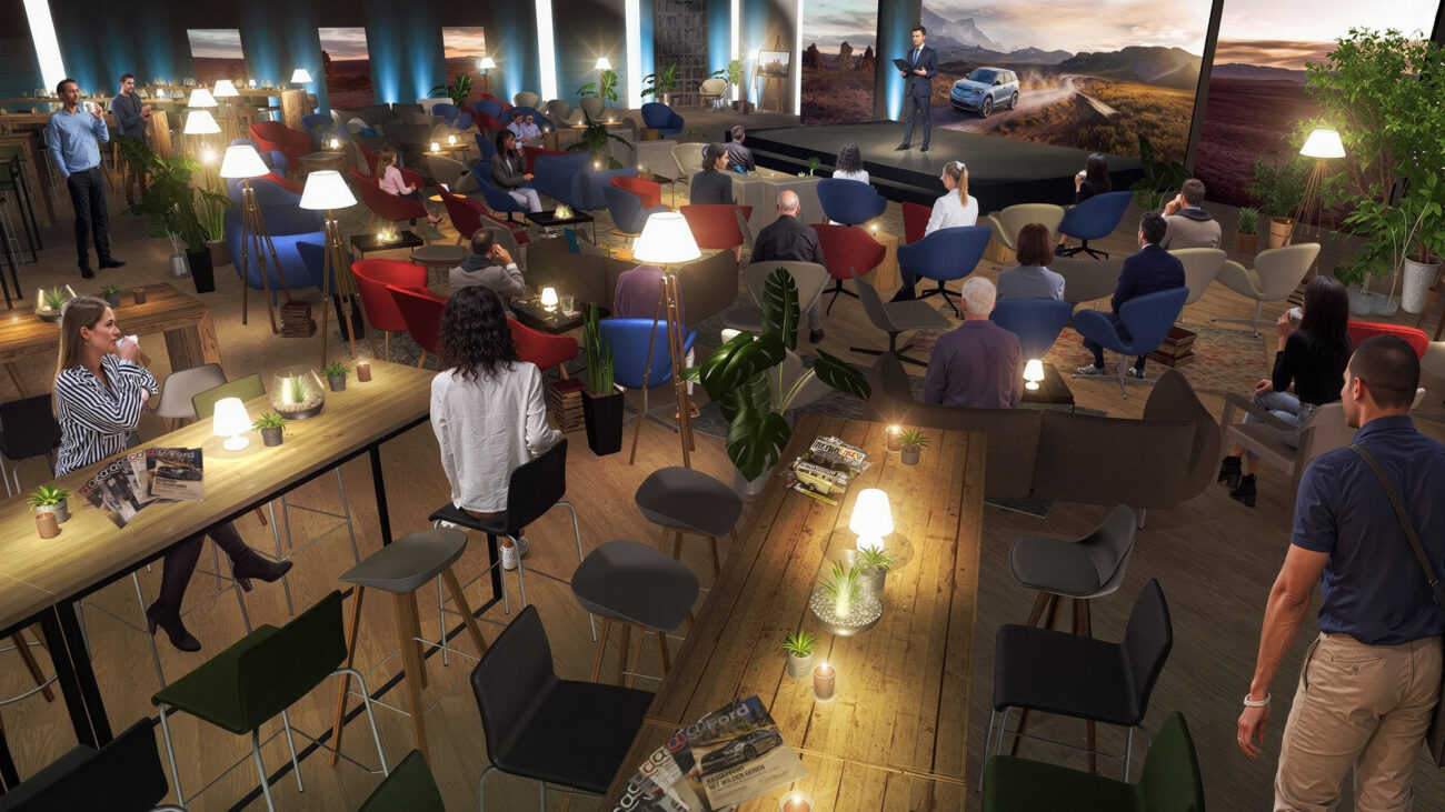 Eventvisualisierung Konferenz – 3D Raumdarstellung mit Atmosphärebeleuchtung