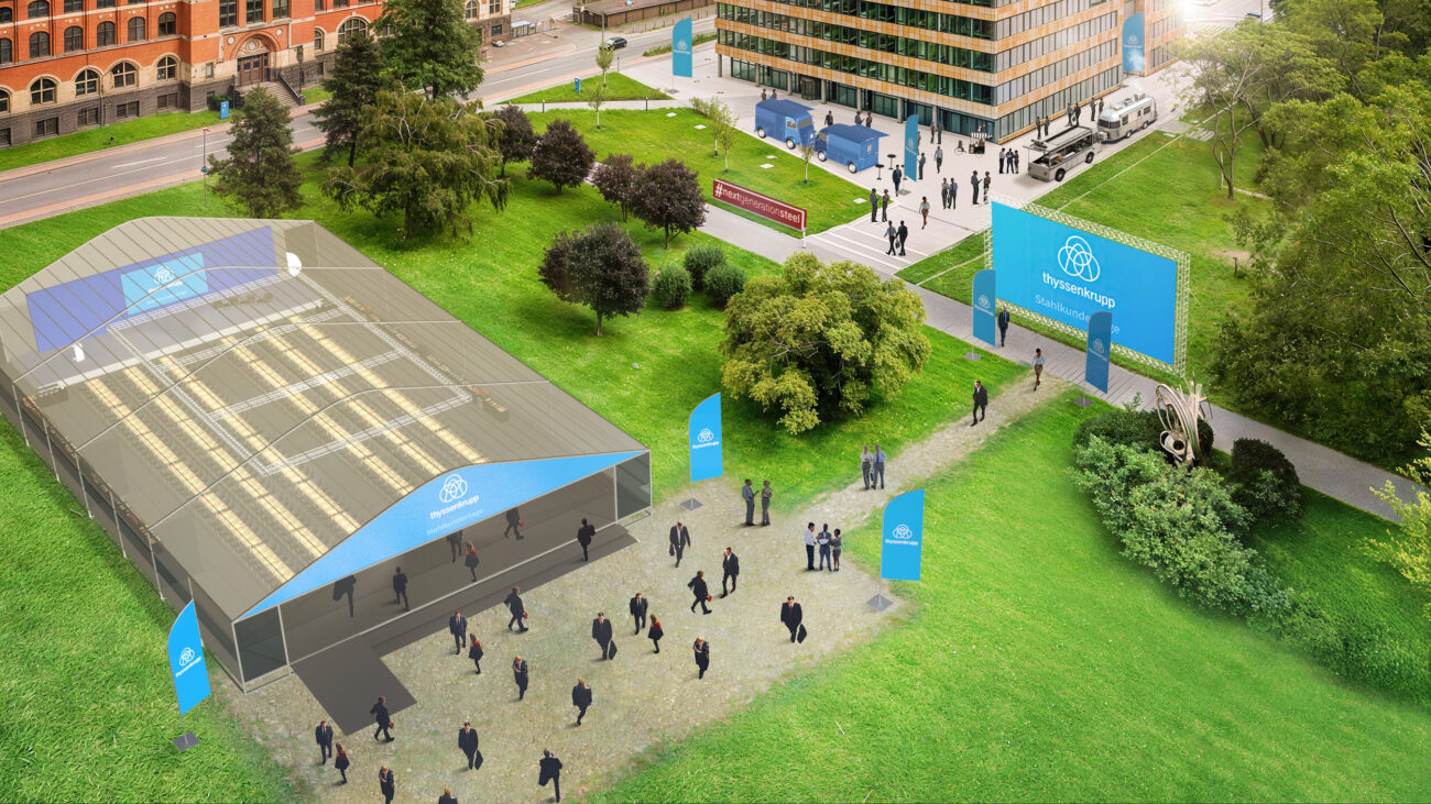 Luftbildvisualisierung Veranstaltungsgelände – 3D Draufsicht mit Publikum und Architektur